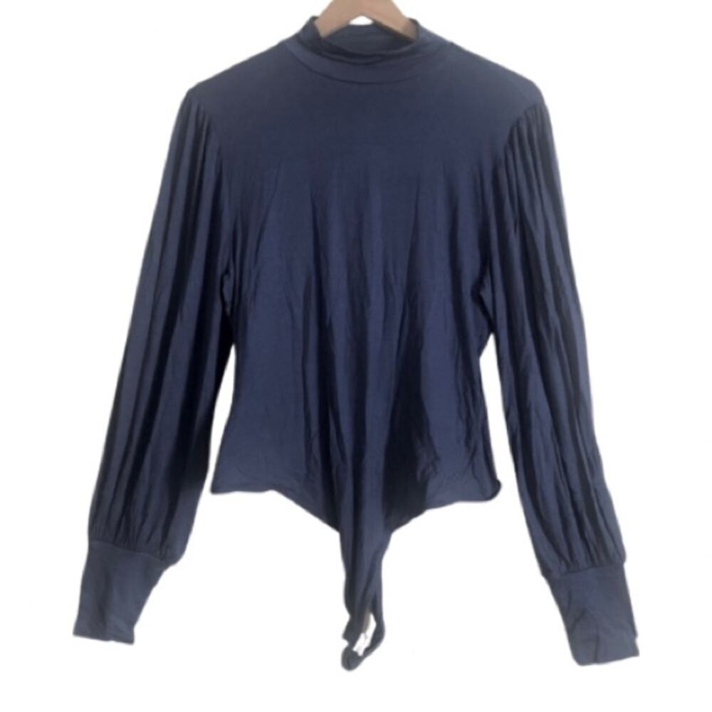 NWT Fashion Nova Living a Dream Bodysuit Denim Mock Neck Balloon Sleeve Top